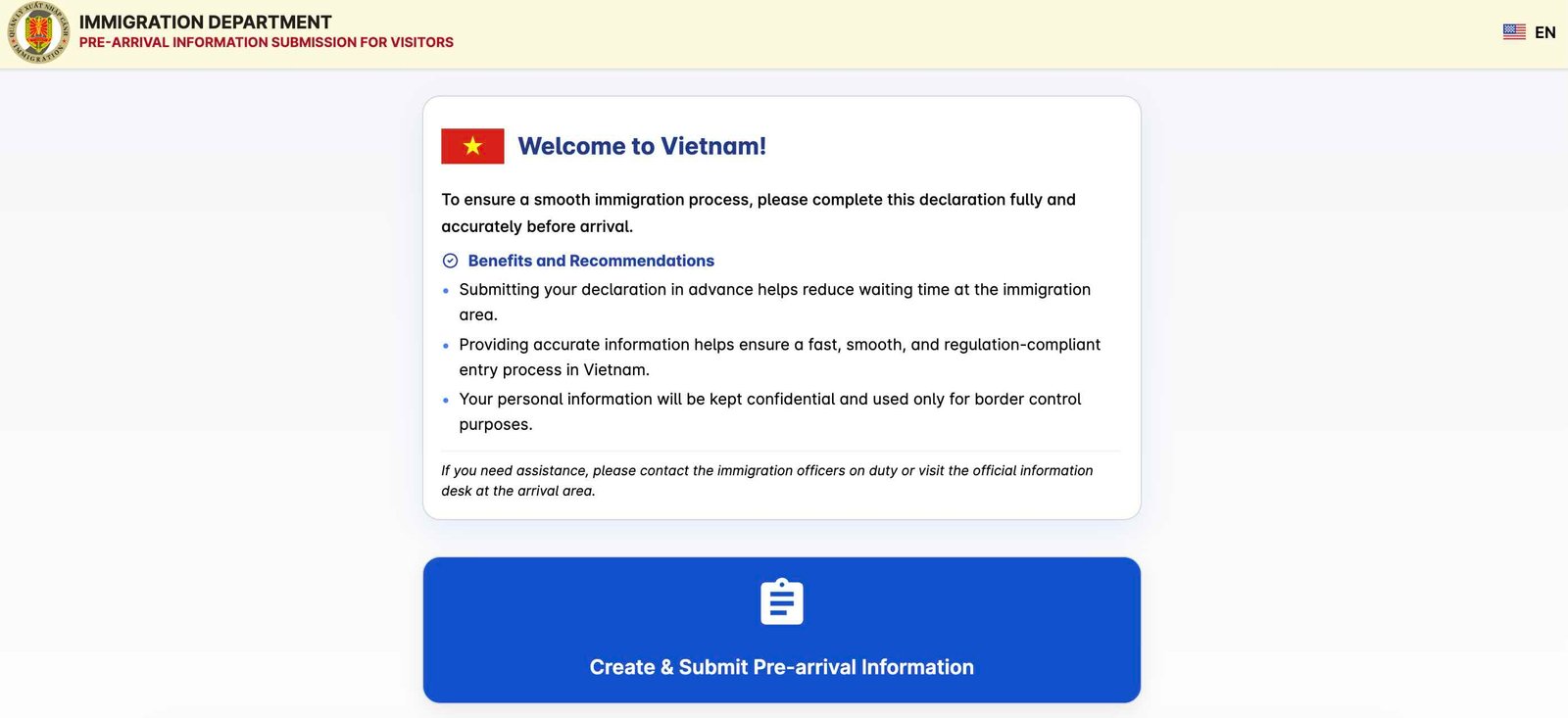 Digital Pre-Arrival Card申報官網頁面