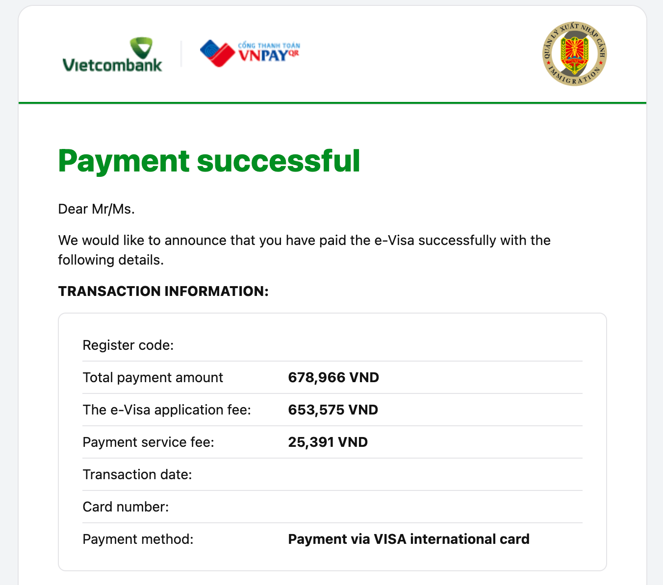 Vietnam e-Visa payment confirmation 越南簽證付款確認電郵