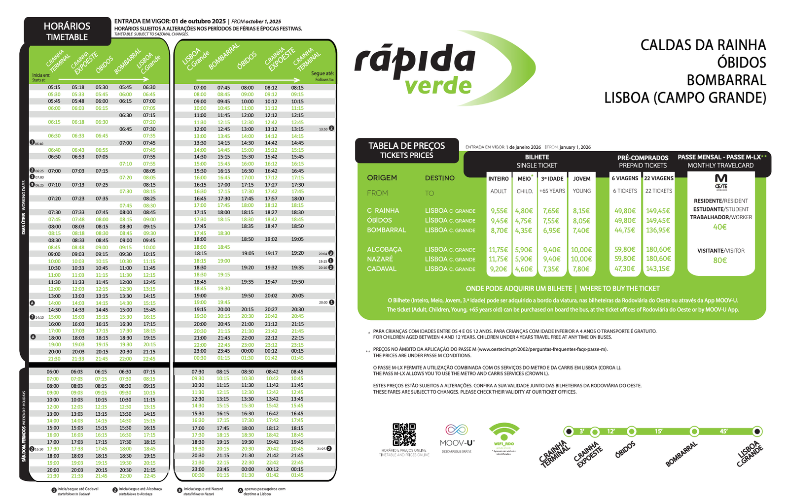 里斯本到 Óbidos 巴士 Rápida Verde 班次